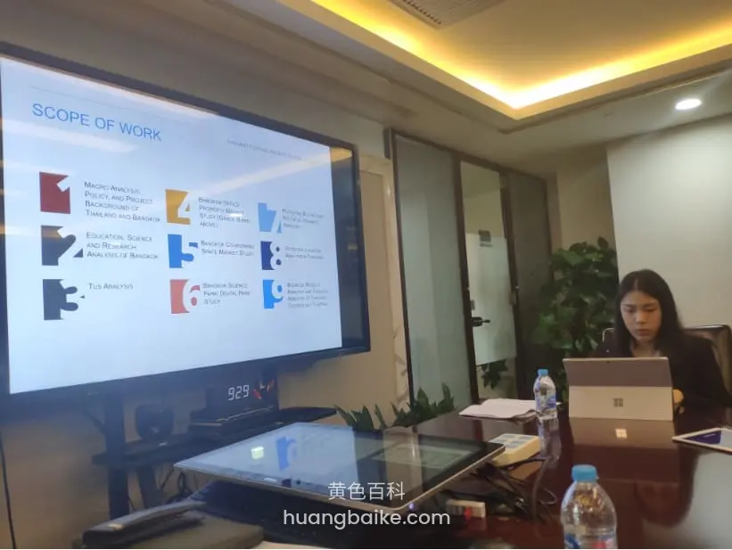 会议室大屏显示Scope of Work,镜头对着投影