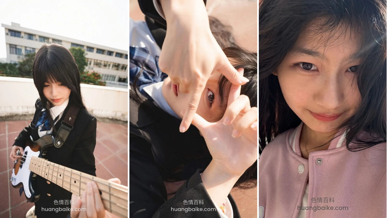 天台黑西装白衬衫蓝格领结抱着贝斯低头弹，双手框脸对镜头，湖边红毛衣托腮，粉棒球衫项链甜笑。