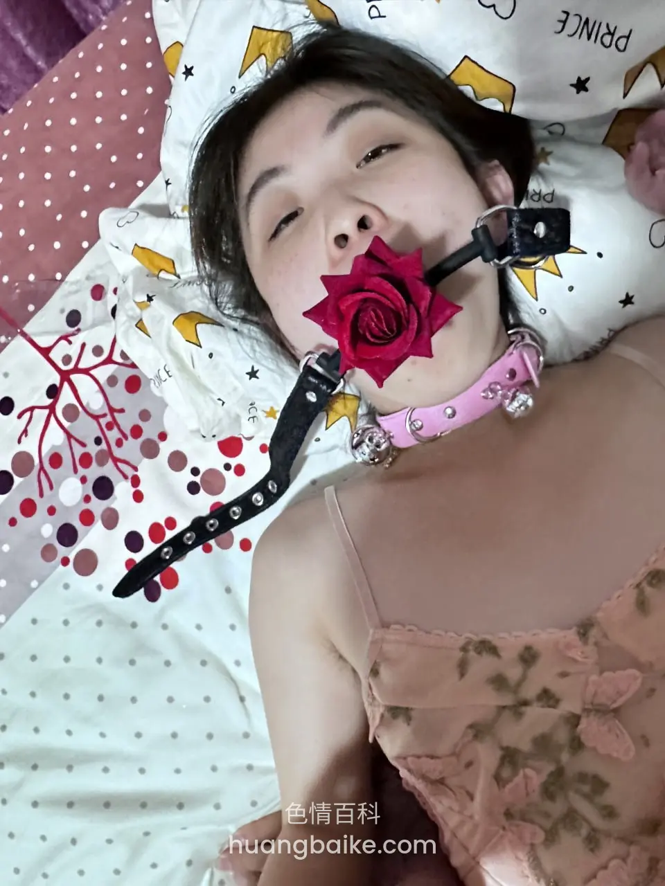 床上躺着看镜头，嘴里咬着红玫瑰，脖子戴粉色项圈和黑皮带