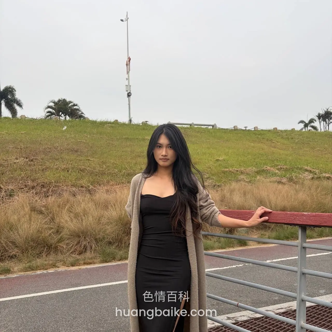 户外草坡边栏杆旁站立，长发垂肩