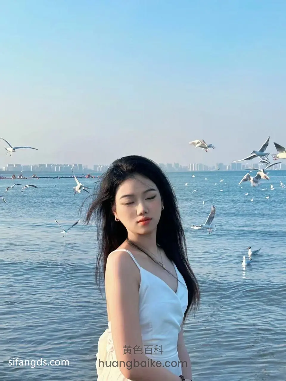 海边站着看海，身后一群海鸥飞