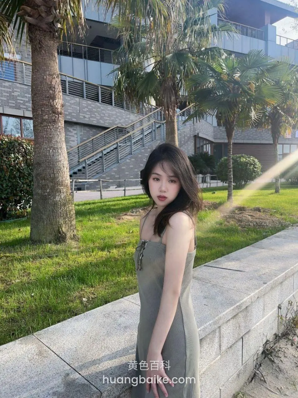 镜头对着大楼和棕榈树，靠在石栏边