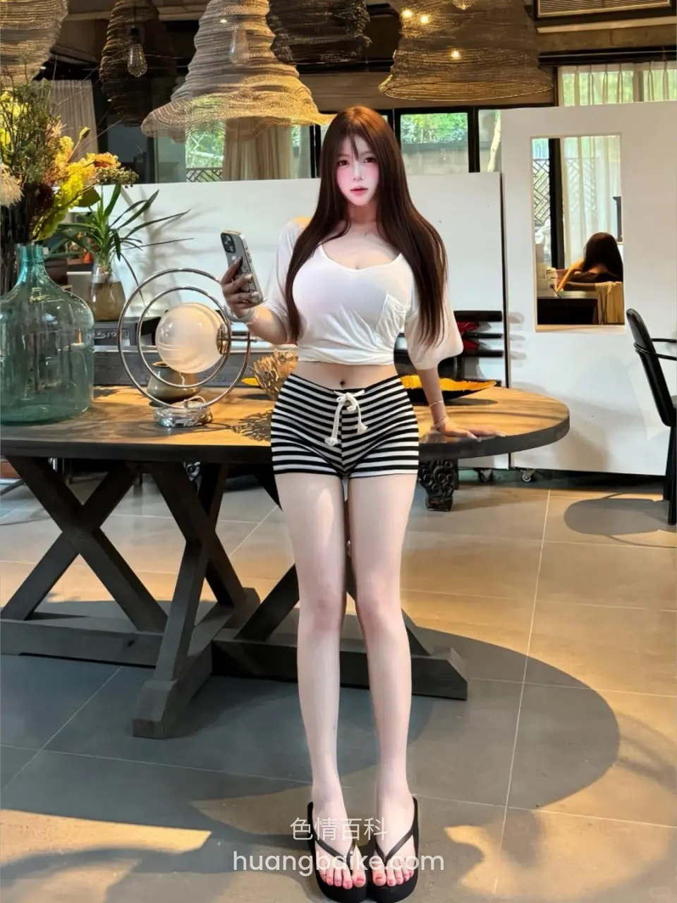 餐厅里站立举着手机，身后镜子反射身影
