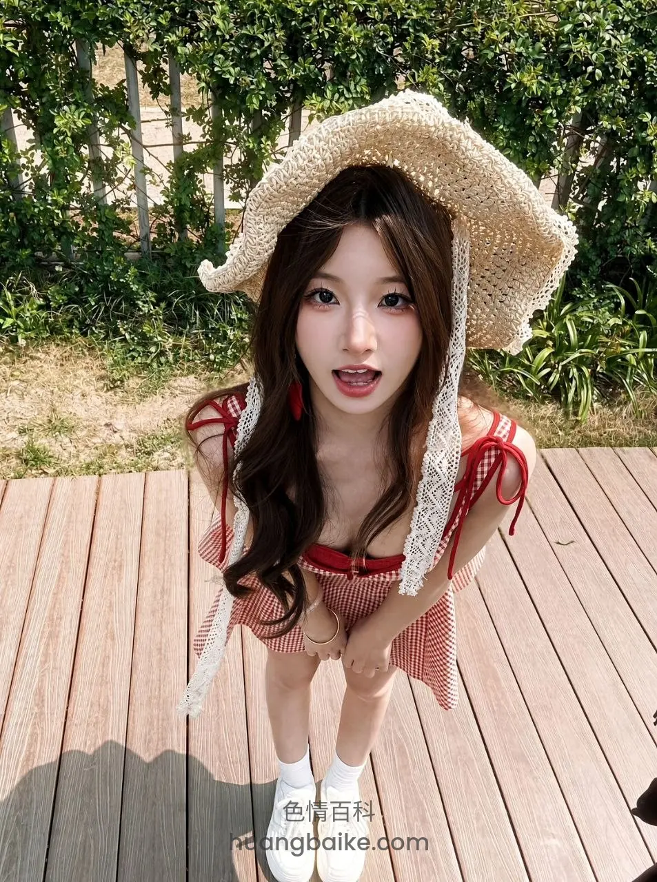 木栈道上低头看镜头，身后绿植
