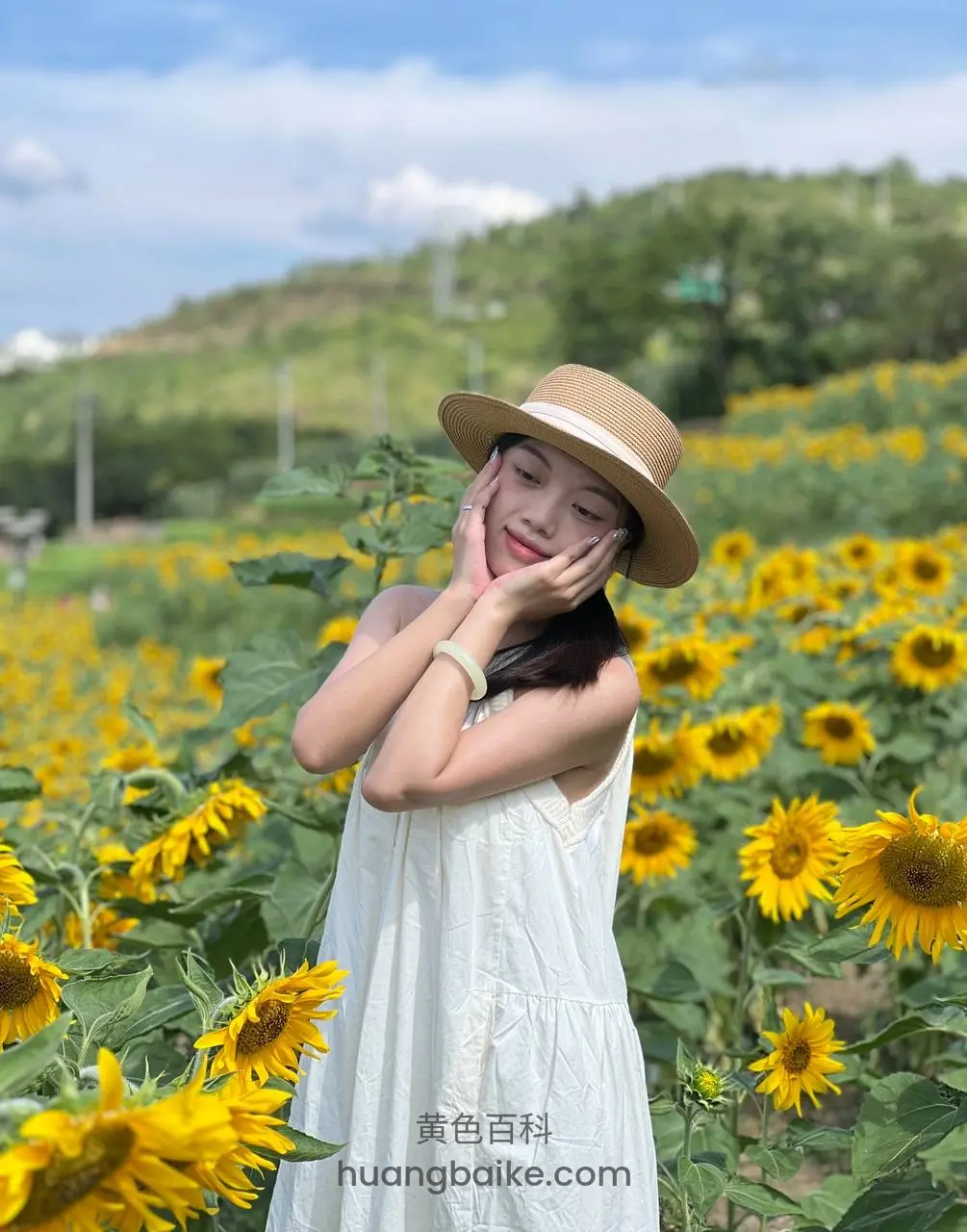 向日葵田里双手托脸
