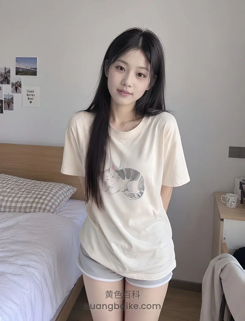 床前站立，身后有猫咪图案T恤