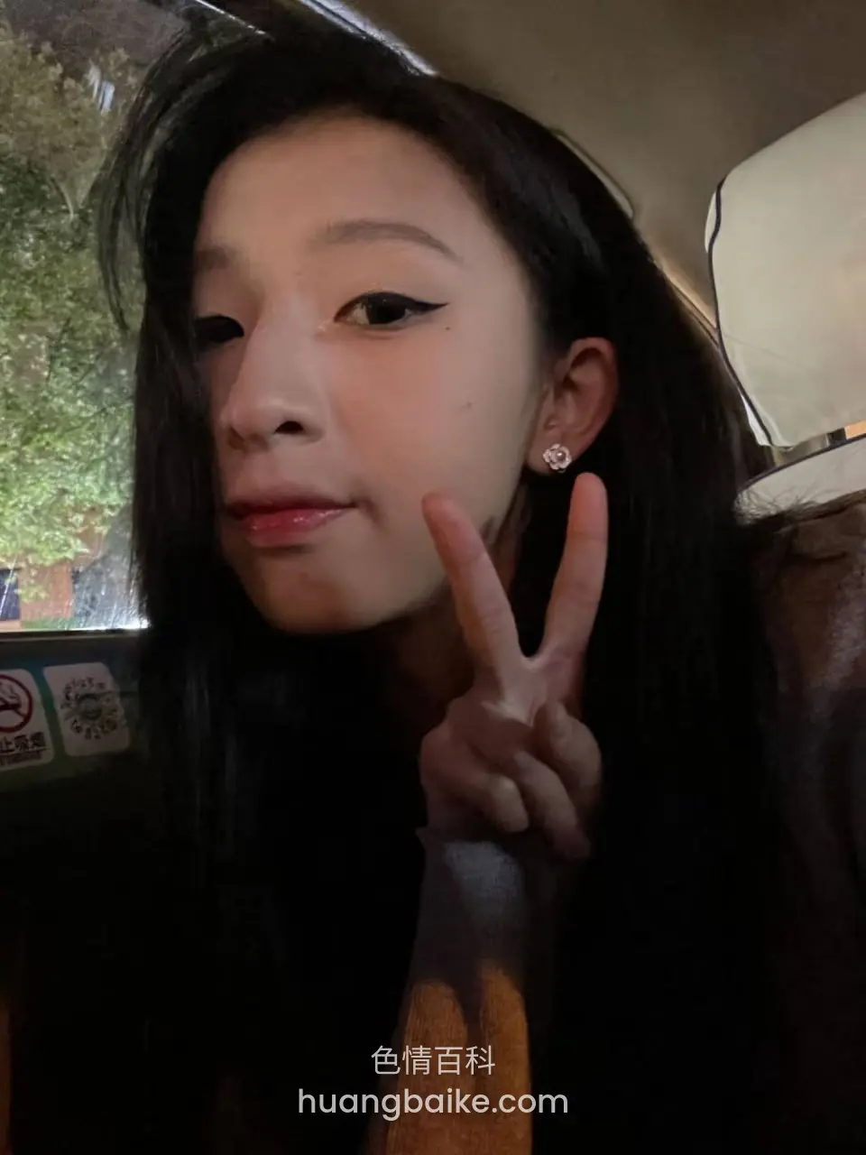 车里窗外绿树举V手势近脸