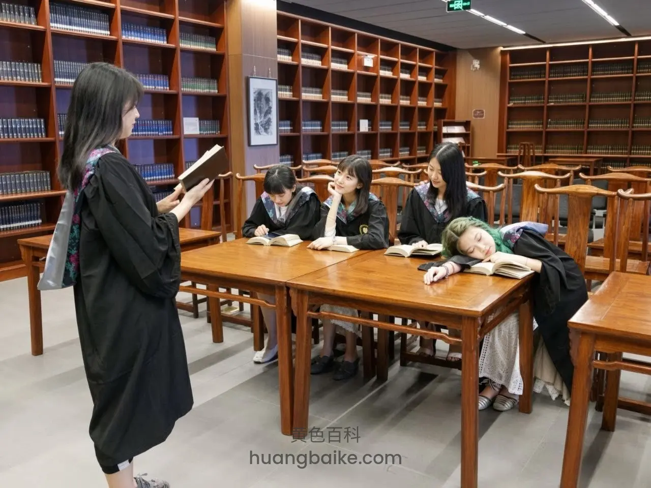 图书馆木桌前举书讲课，旁边四人坐听一人趴着看书
