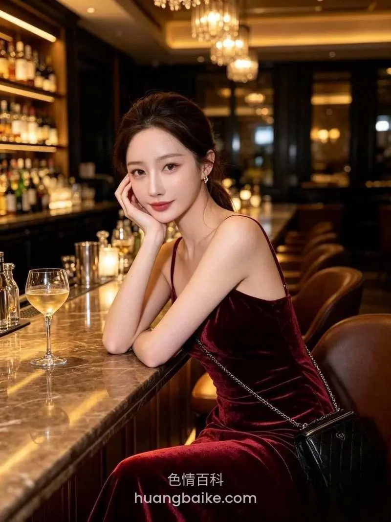 酒吧吧台边手托下巴看镜头，旁边一杯白葡萄酒