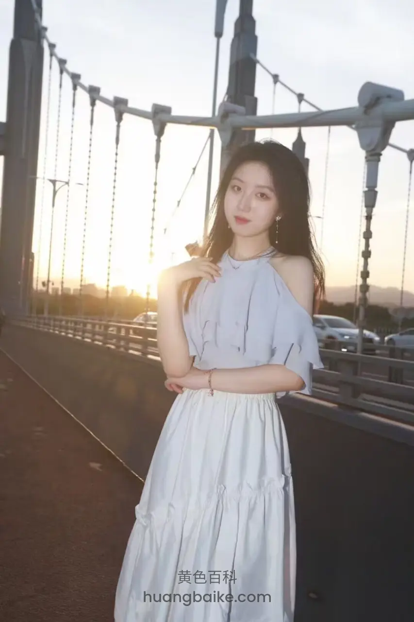 桥上摆姿势，手搭肩看夕阳