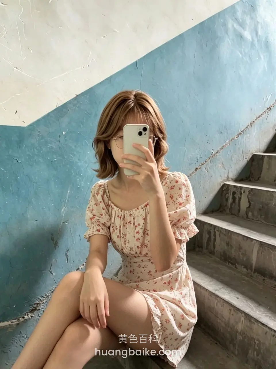 楼梯间墙边拿着手机自拍，腿向前伸