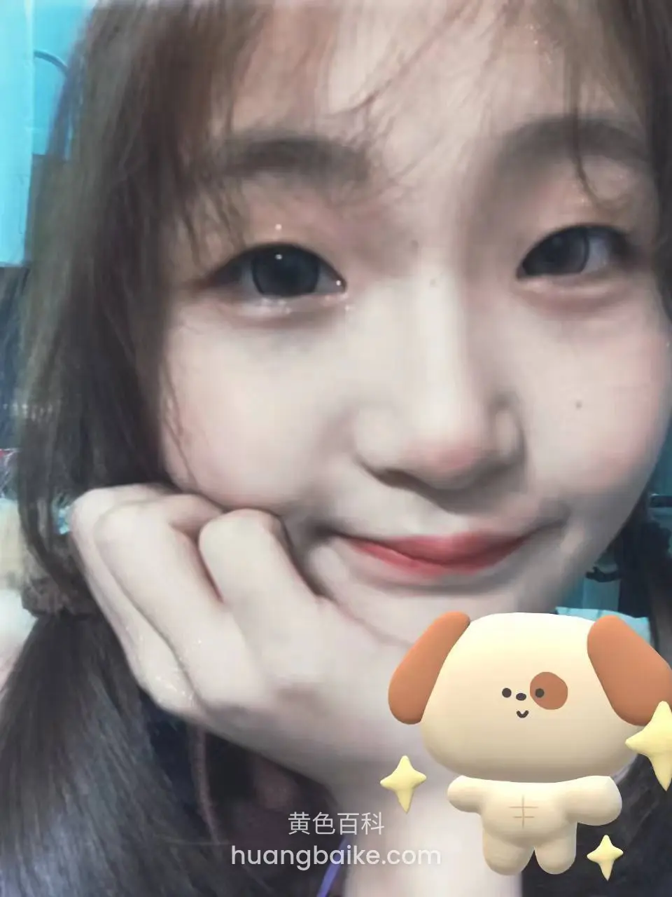 贴近脸部镜头手托下巴，贴纸小狗