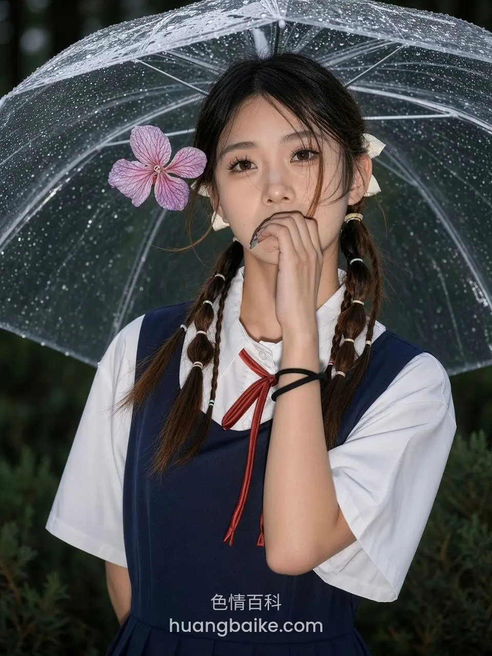 伞下手指抵唇上方有紫色花朵