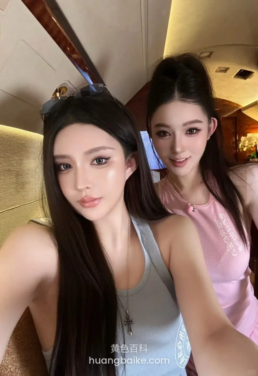 机舱内自拍合影，手机举在前面