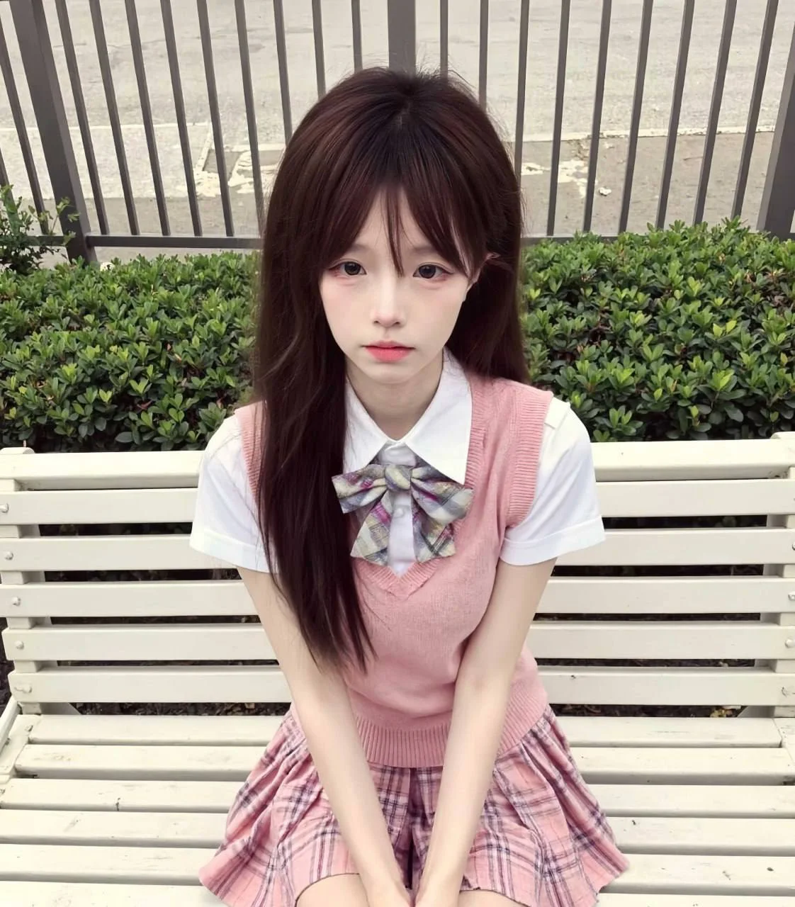 长发女孩坐在白色长椅上
