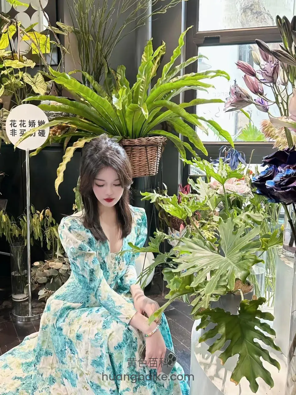 镜头对着花店里绿植和花朵，旁边有圆形文字贴纸