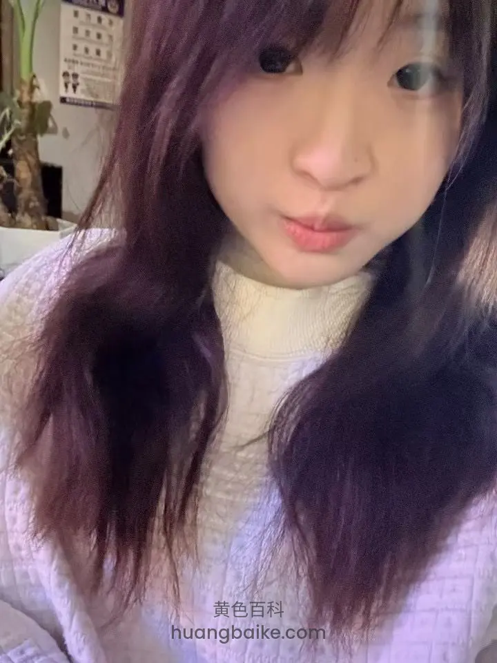 镜子前自拍，紫色长发遮半边脸