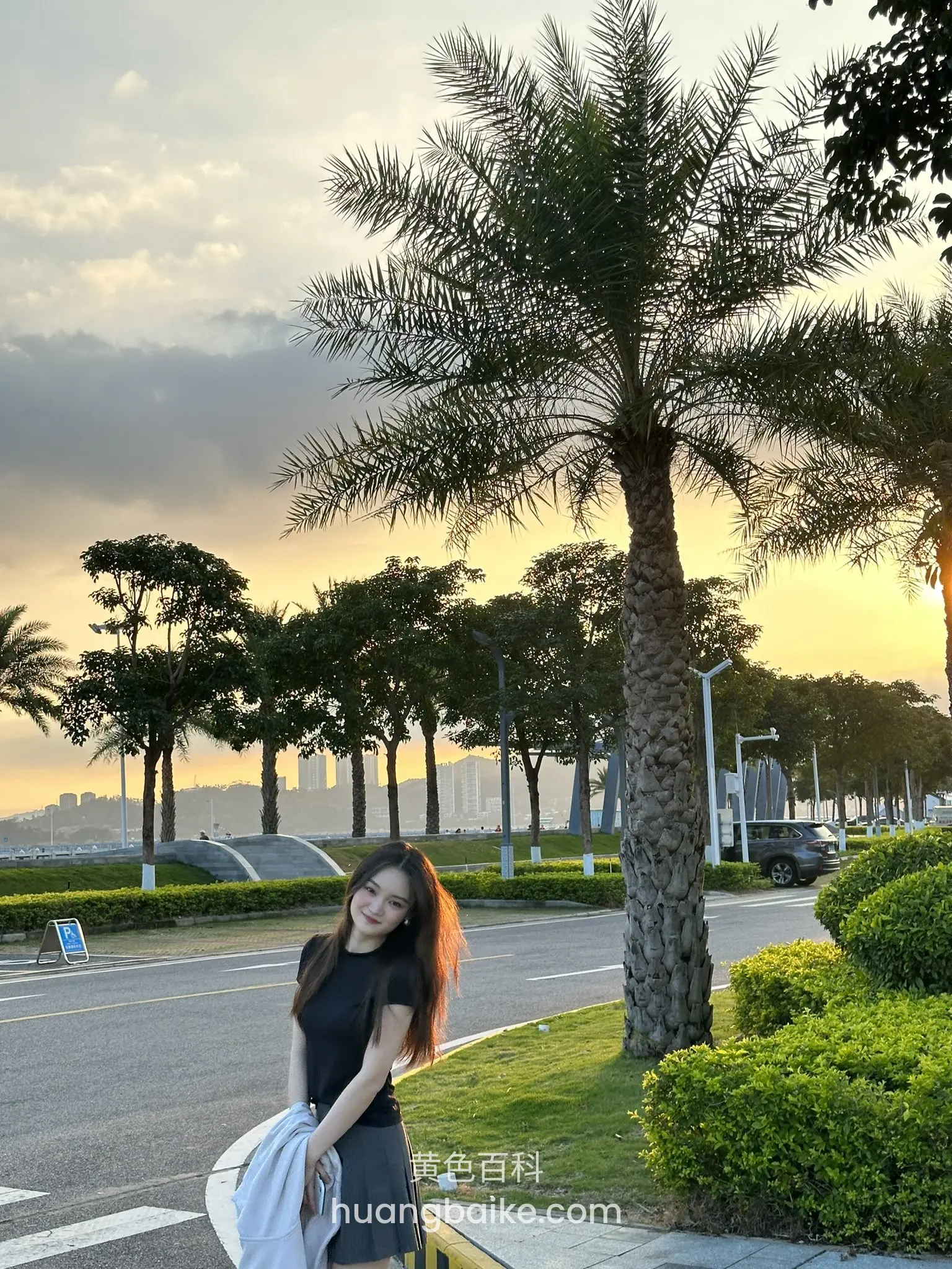 海边大道上站着，棕榈树旁