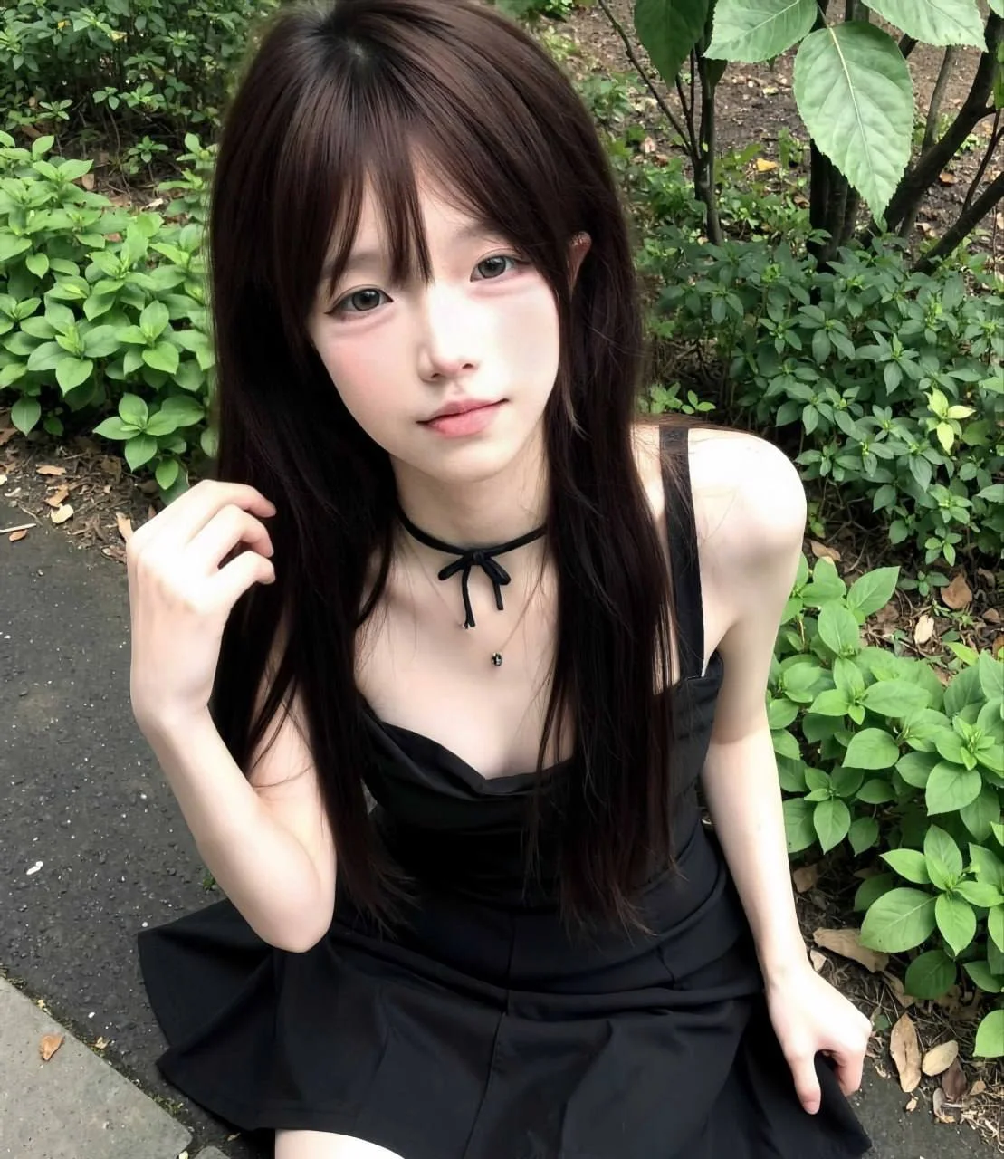 黑裙女孩手扶长发