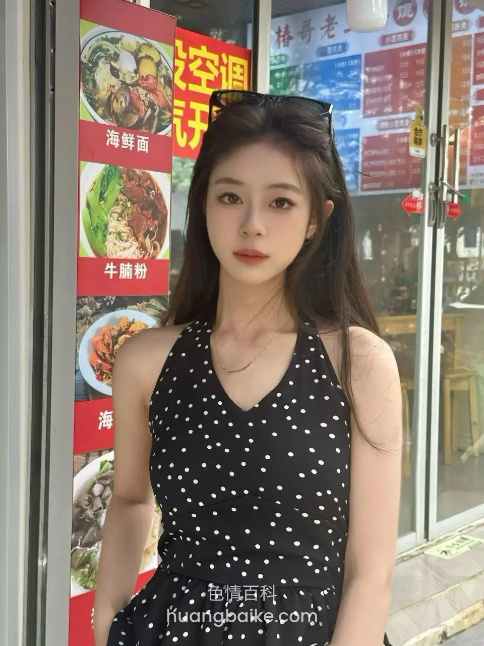 饭店门口站着，身后菜单海鲜面牛腩粉