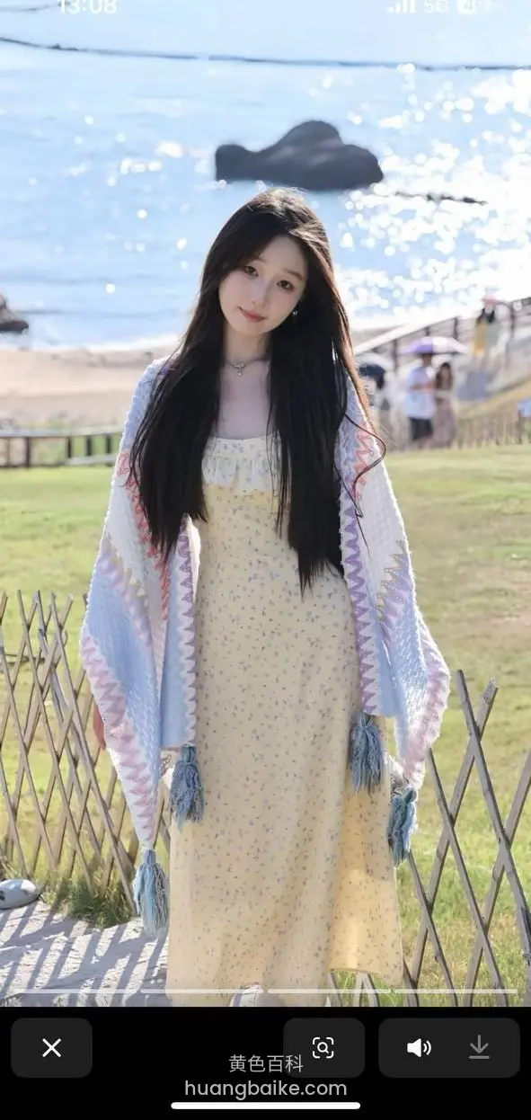 海滩草坪前站立，身后是海浪和人群