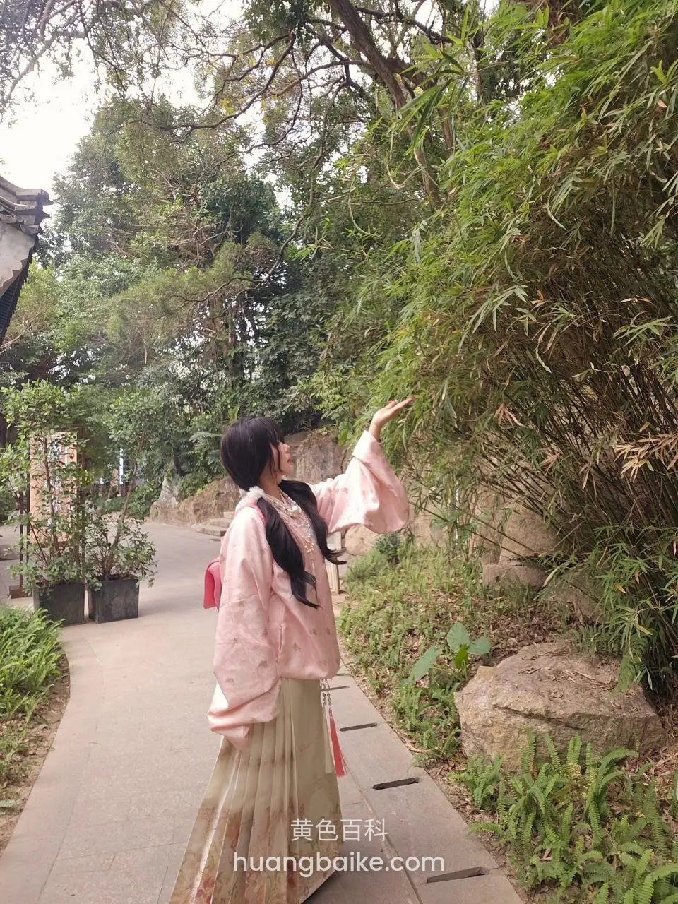 竹林小路旁伸手，穿汉服看植物