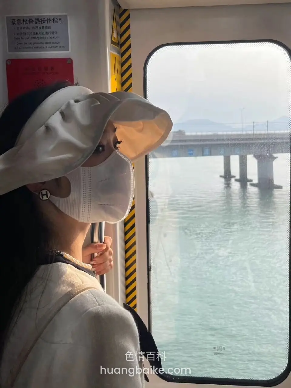 车窗边扶杆看风景，窗外大桥和海